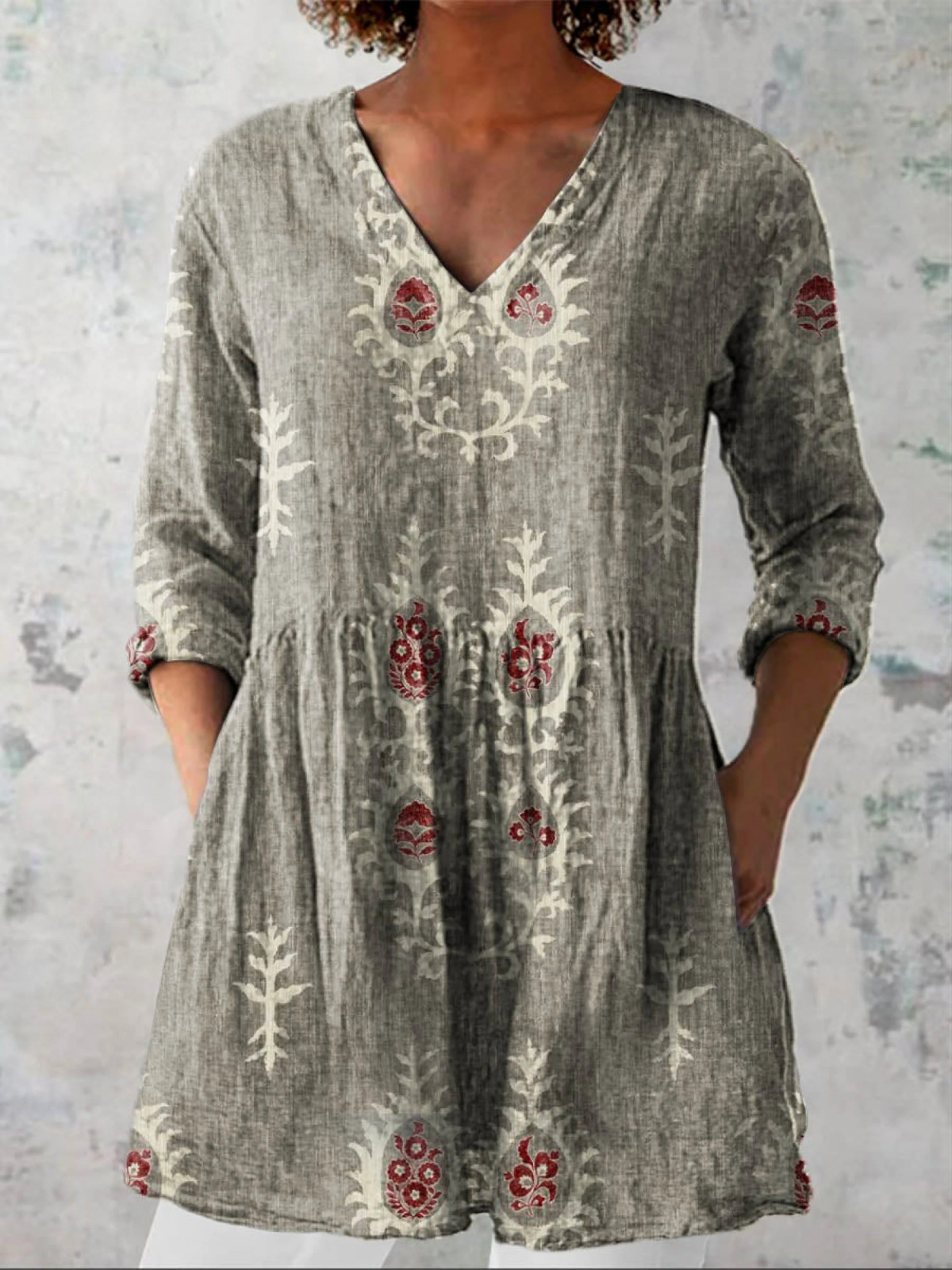 Élise | Lange Leinenbluse mit bohemian floralem Blockdruck