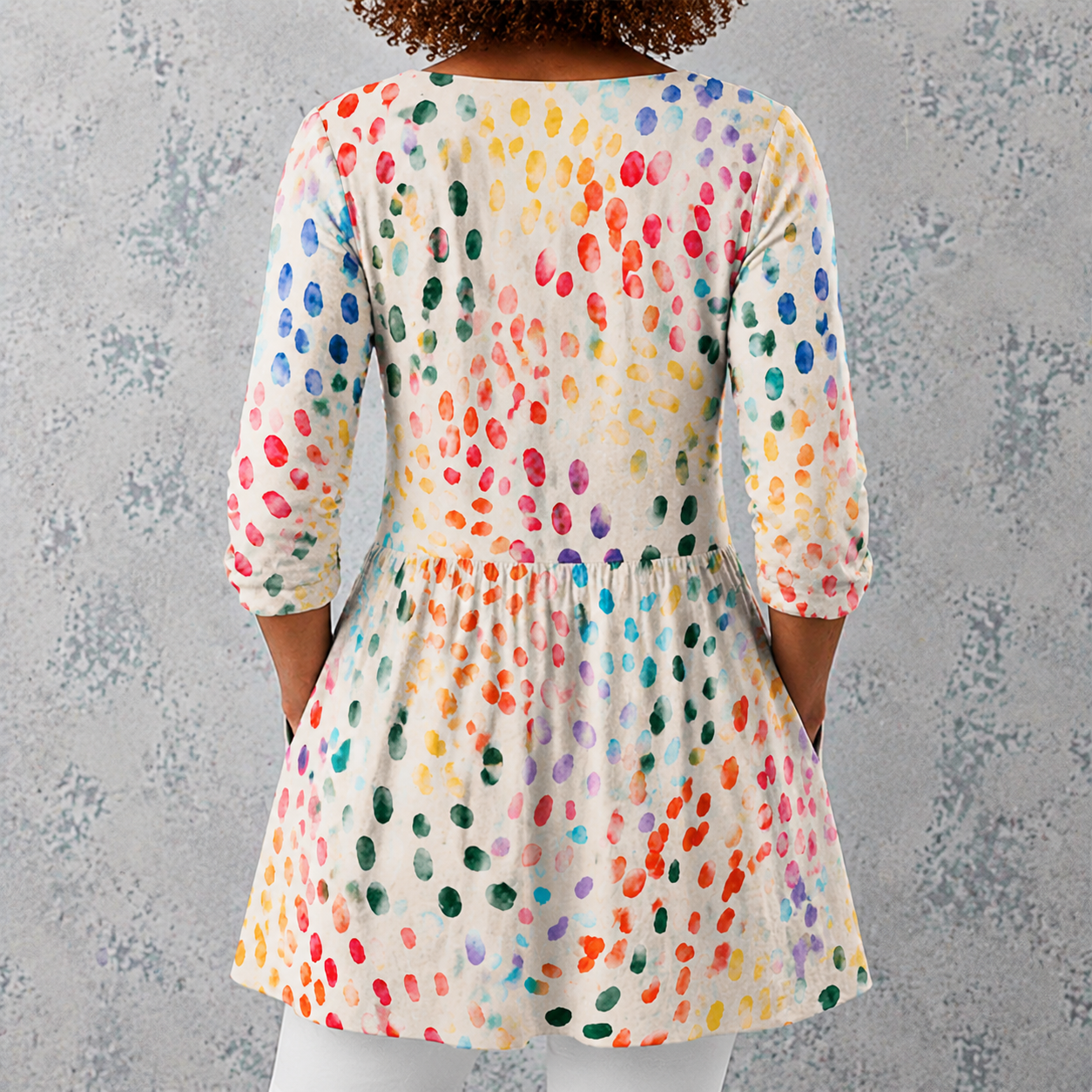 Pauline | Lange Bluse aus Leinen mit bunten Aquarell-Punkten
