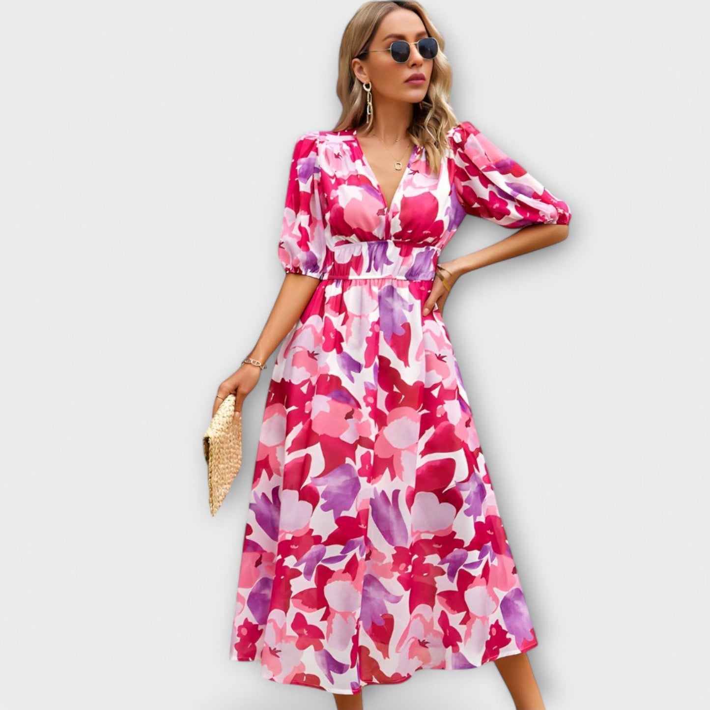 Abstraktes Maxi-Kleid mit Puffärmeln