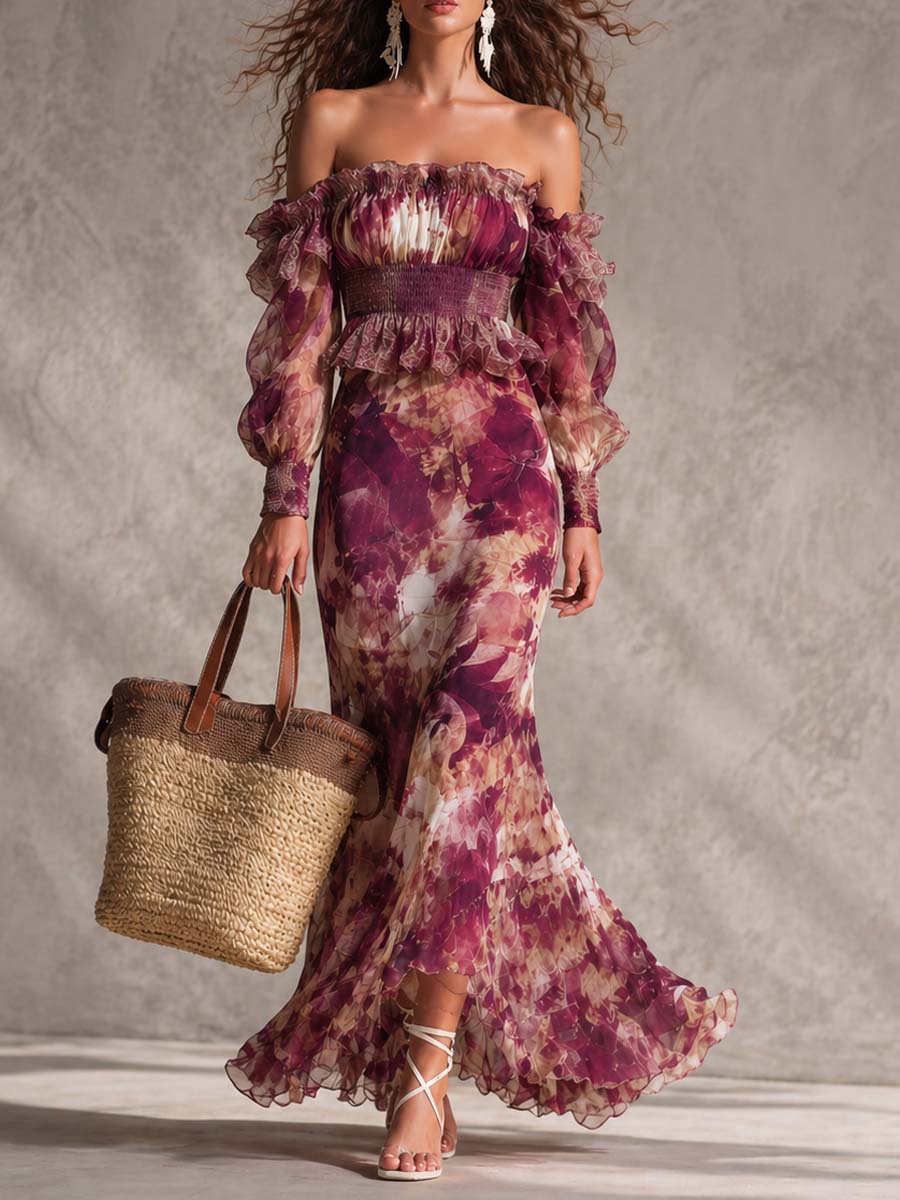 Rosen-Pink Floral Off-Shoulder Chiffon Maxikleid