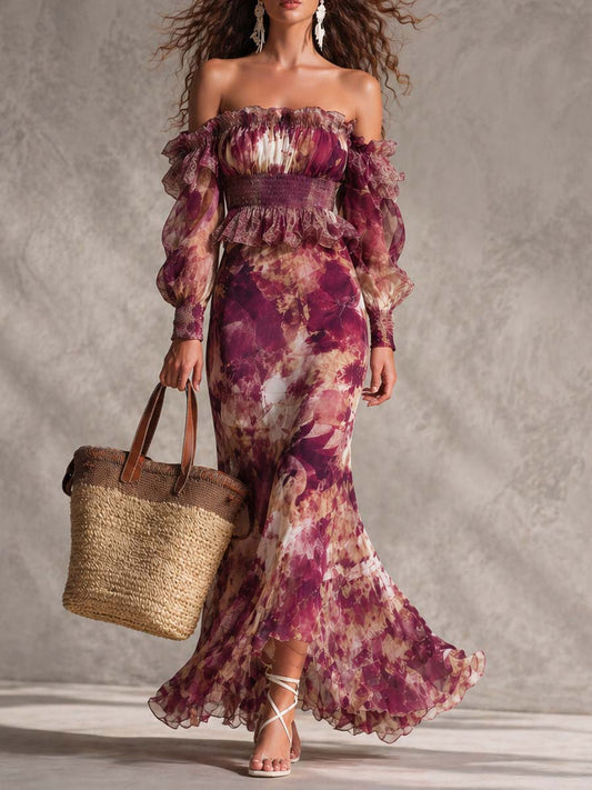 Rosen-Pink Floral Off-Shoulder Chiffon Maxikleid