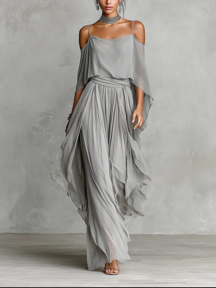 Graues schulterfreies, fließendes Camisole- und Hosen-Set aus Chiffon