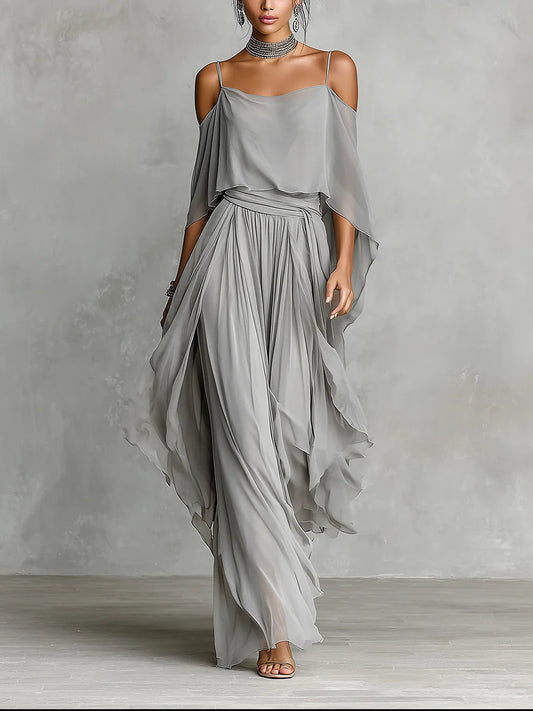 Graues schulterfreies, fließendes Camisole- und Hosen-Set aus Chiffon