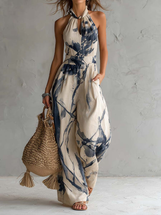 Halter Neck Tinten-Waschdruck Weit Bein Jumpsuit Mit Taschen