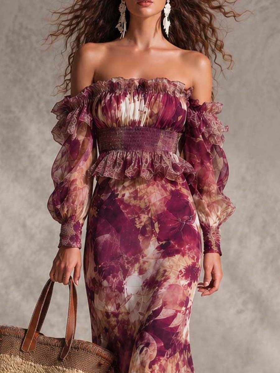 Rosen-Pink Floral Off-Shoulder Chiffon Maxikleid