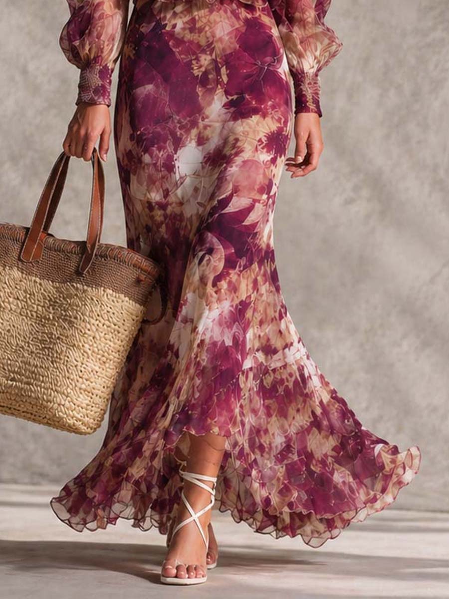 Rosen-Pink Floral Off-Shoulder Chiffon Maxikleid