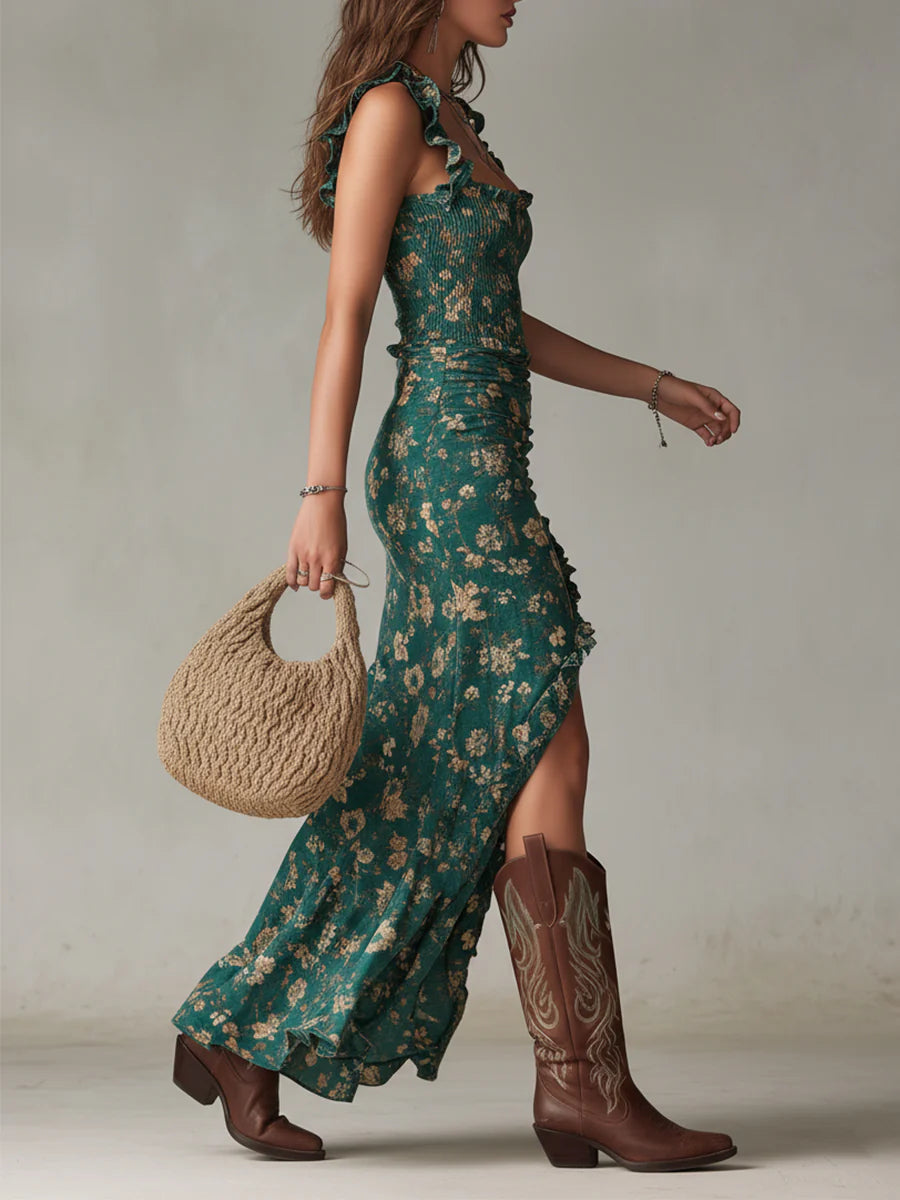 Marlene™ | Elegantes Boho-Maxikleid mit Blumen-Print und Rüschen in Grün