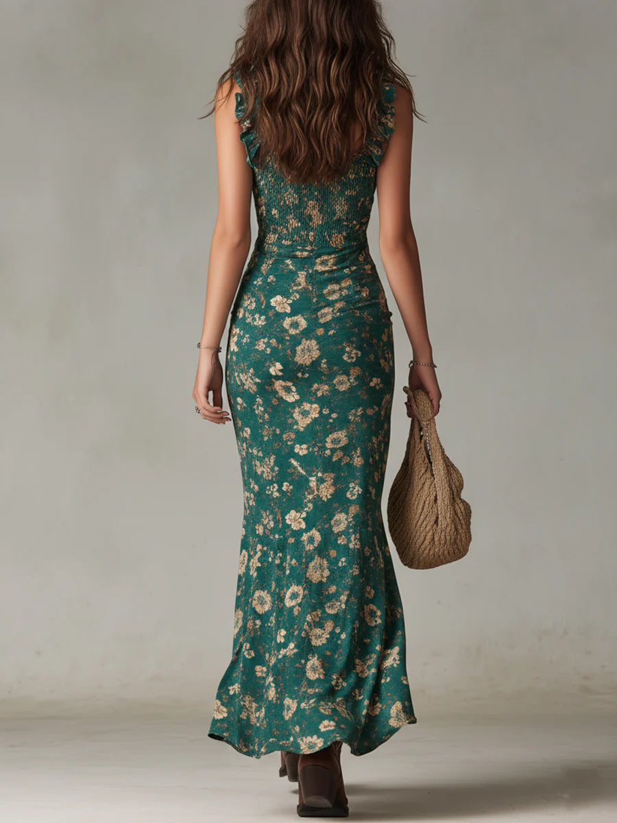 Marlene™ | Elegantes Boho-Maxikleid mit Blumen-Print und Rüschen in Grün