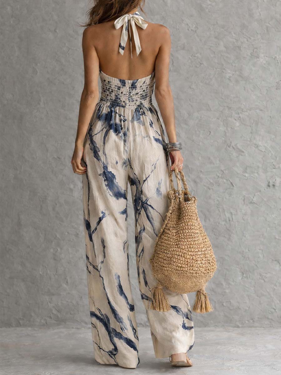 Halter Neck Tinten-Waschdruck Weit Bein Jumpsuit Mit Taschen