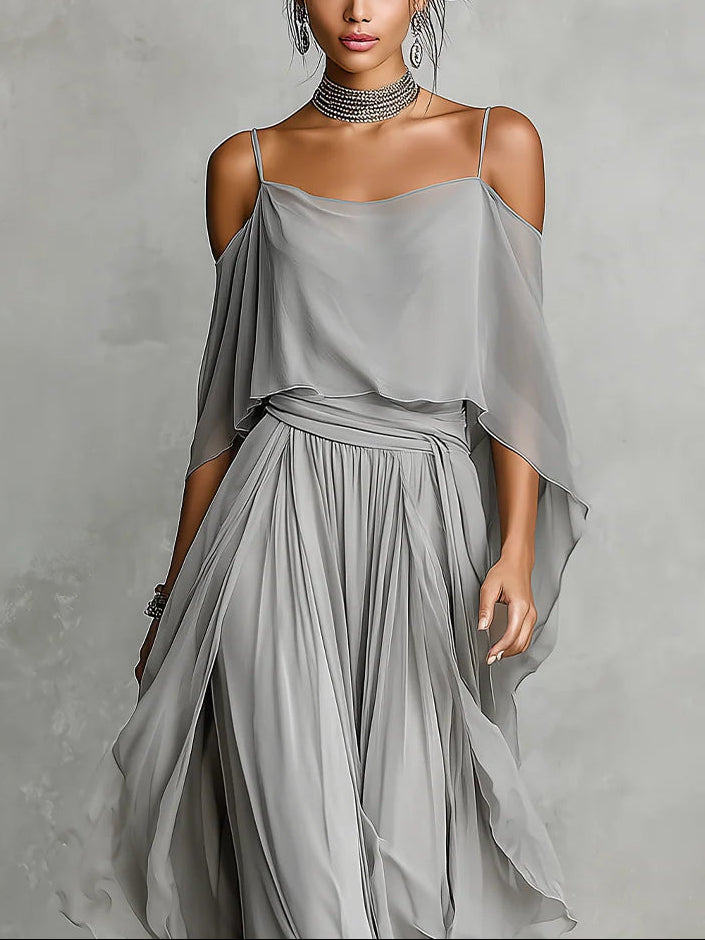Graues schulterfreies, fließendes Camisole- und Hosen-Set aus Chiffon