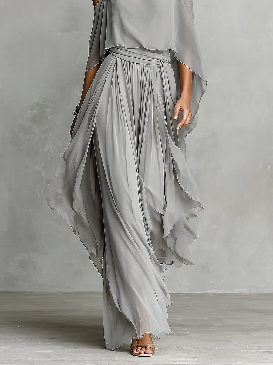 Graues schulterfreies, fließendes Camisole- und Hosen-Set aus Chiffon