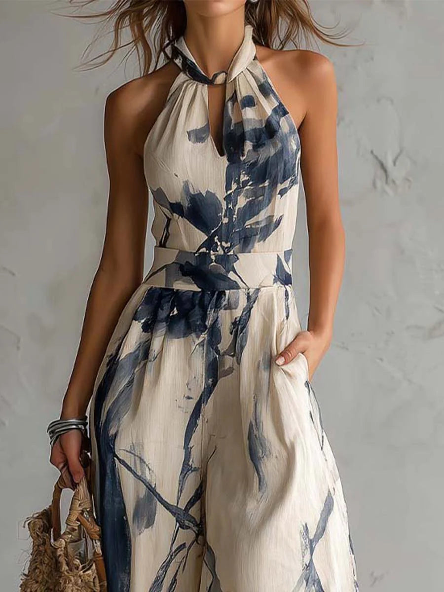 Halter Neck Tinten-Waschdruck Weit Bein Jumpsuit Mit Taschen