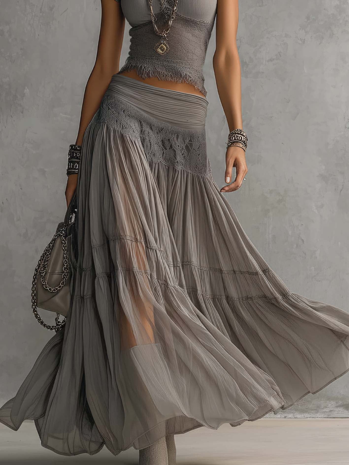 Ute™ | Elegantes Boho-Set mit Spitzen-Oberteil und Faltenrock in Grau