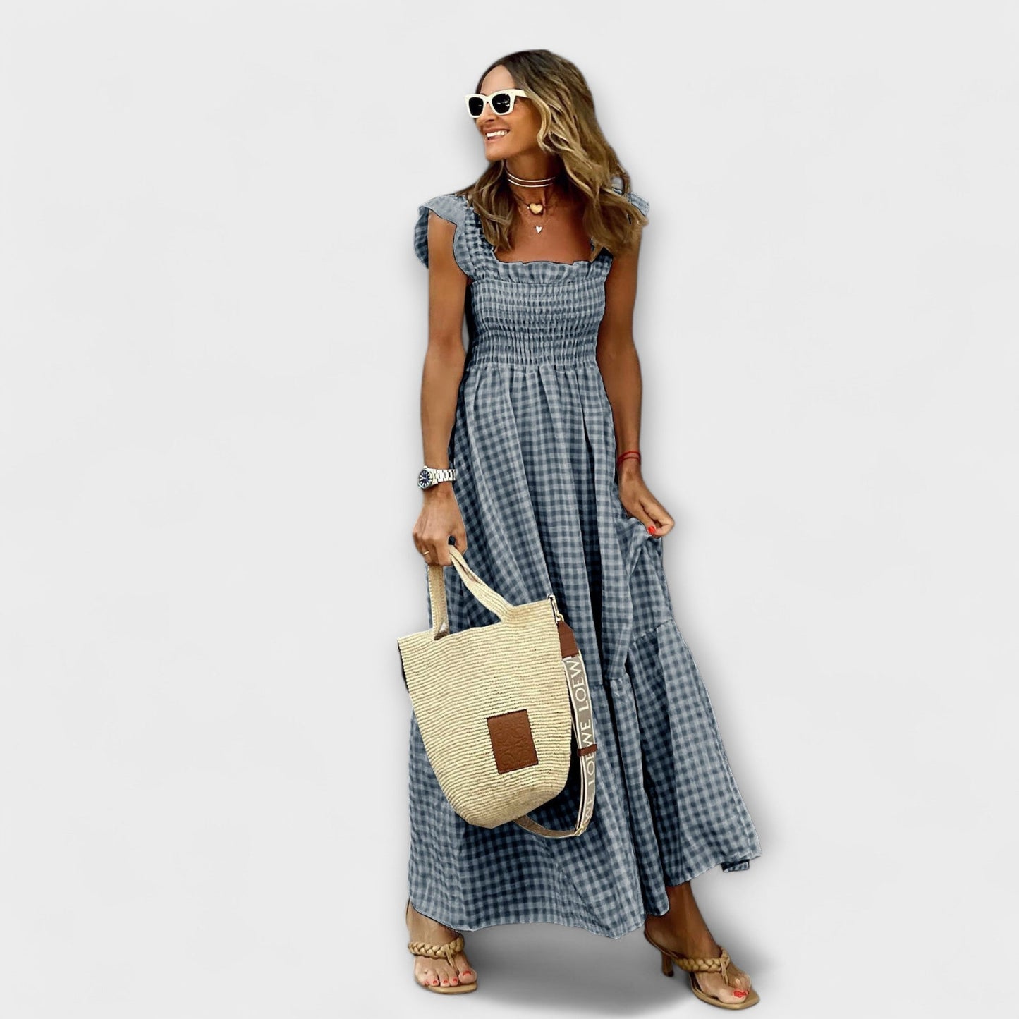 Kariertes Maxikleid mit Rüschensleeves