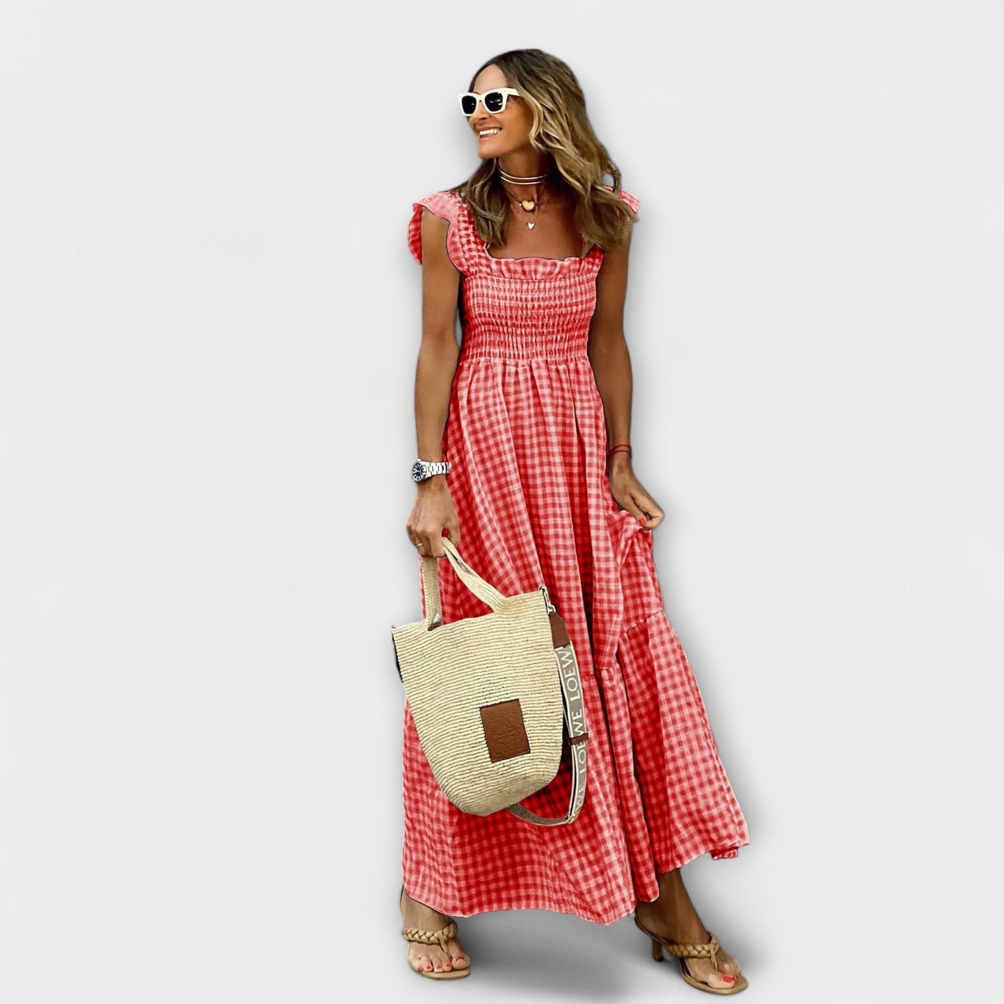 Kariertes Maxikleid mit Rüschensleeves