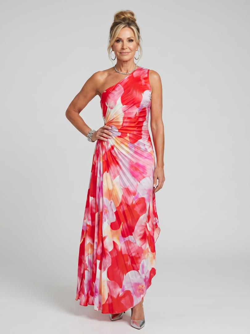 Taya | Midi-Kleid mit einseitigem, plissiertem Oberteil