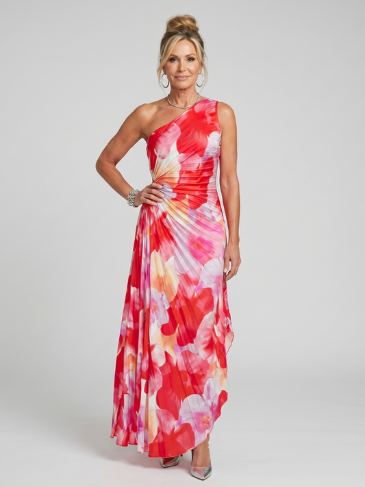 Taya | Midi-Kleid mit einseitigem, plissiertem Oberteil