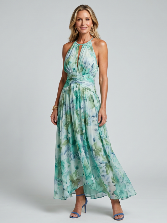 Portia | Faltendes Halter-Soft-Blumenmuster-Midikleid
