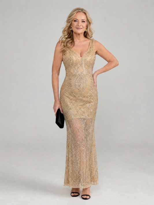 Sirea | Pailletten ärmelloses, transparentes Midi-Kleid