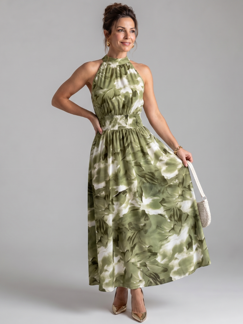 Olivia | Midi-Kleid mit geraffter Taille und abstraktem Druck