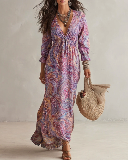 Paisley-Print V-Ausschnitt Gathered Chiffon Maxikleid