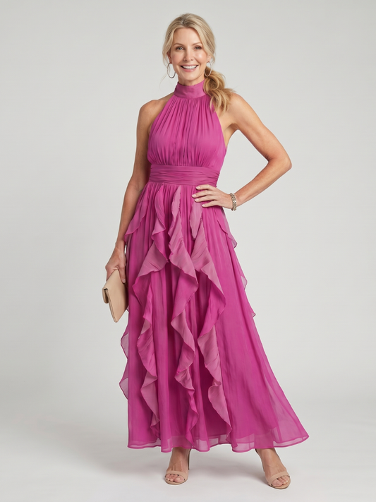 Orea | Maxikleid mit hohem Hals, gerafften Rüschenschichten