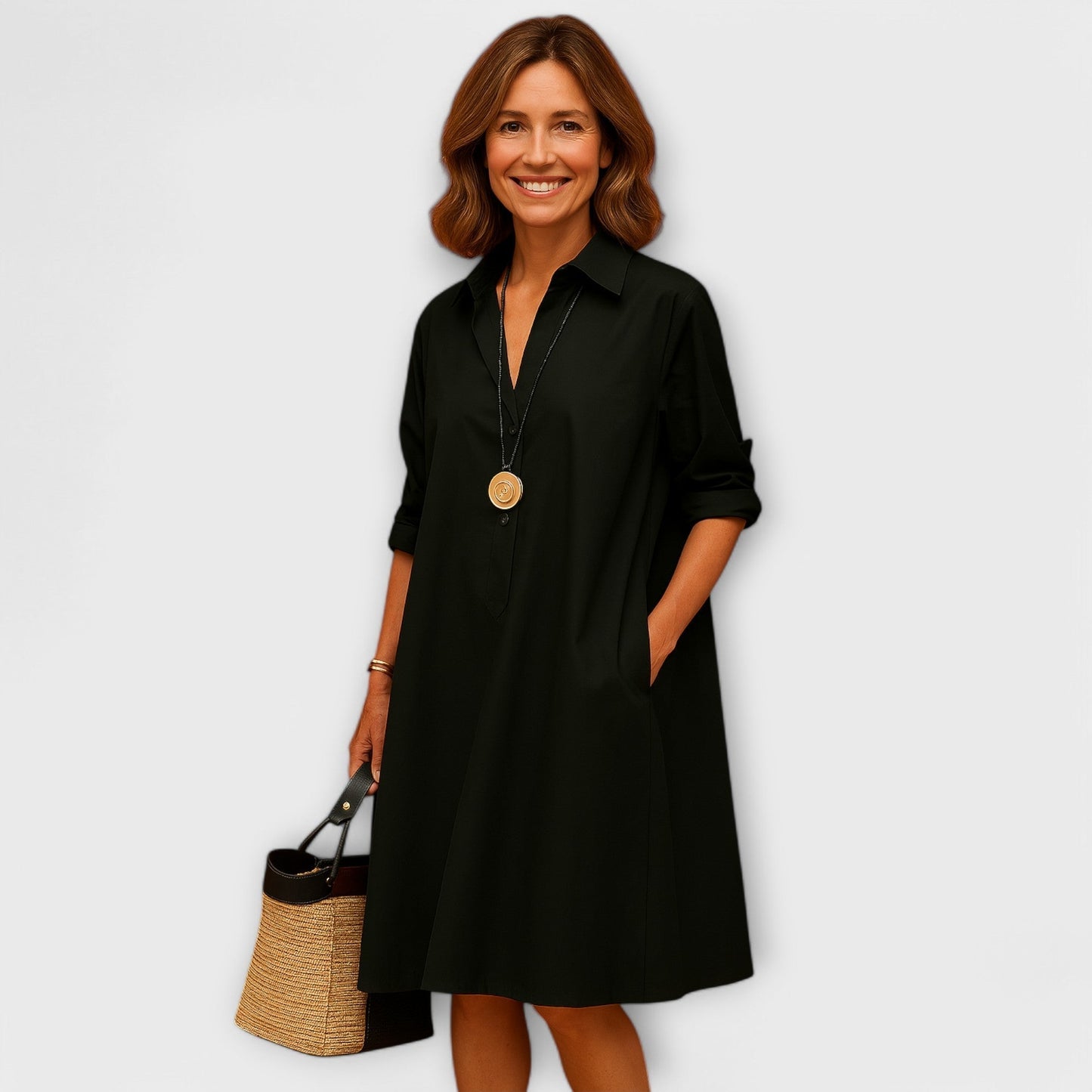 Modernes Hemdkleid mit Kragen und Dreiviertel-Ärmeln