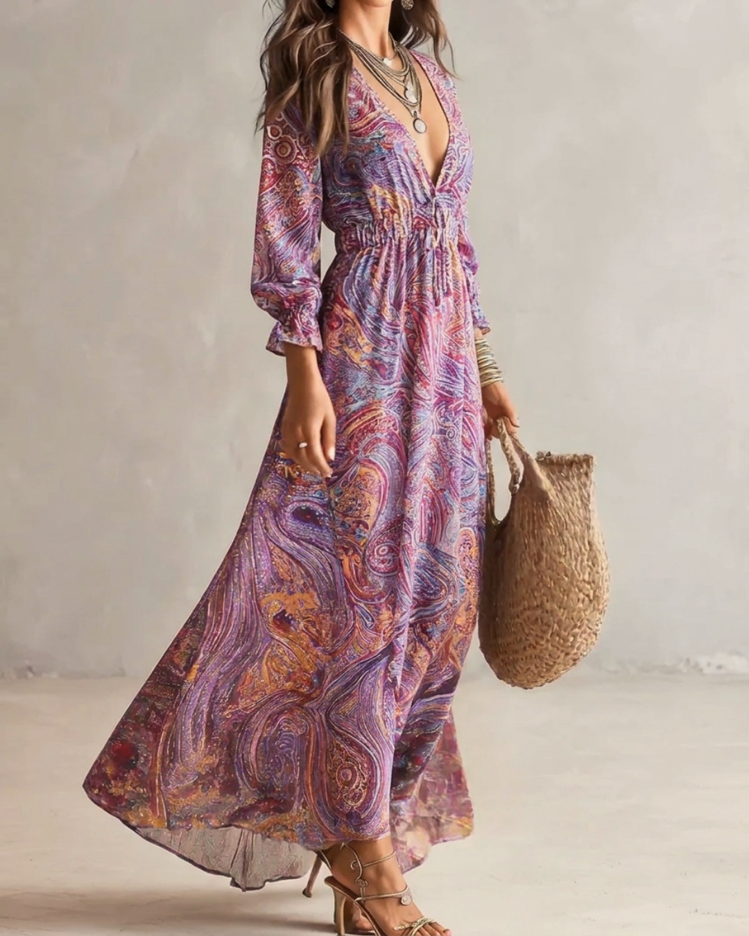 Paisley-Print V-Ausschnitt Gathered Chiffon Maxikleid
