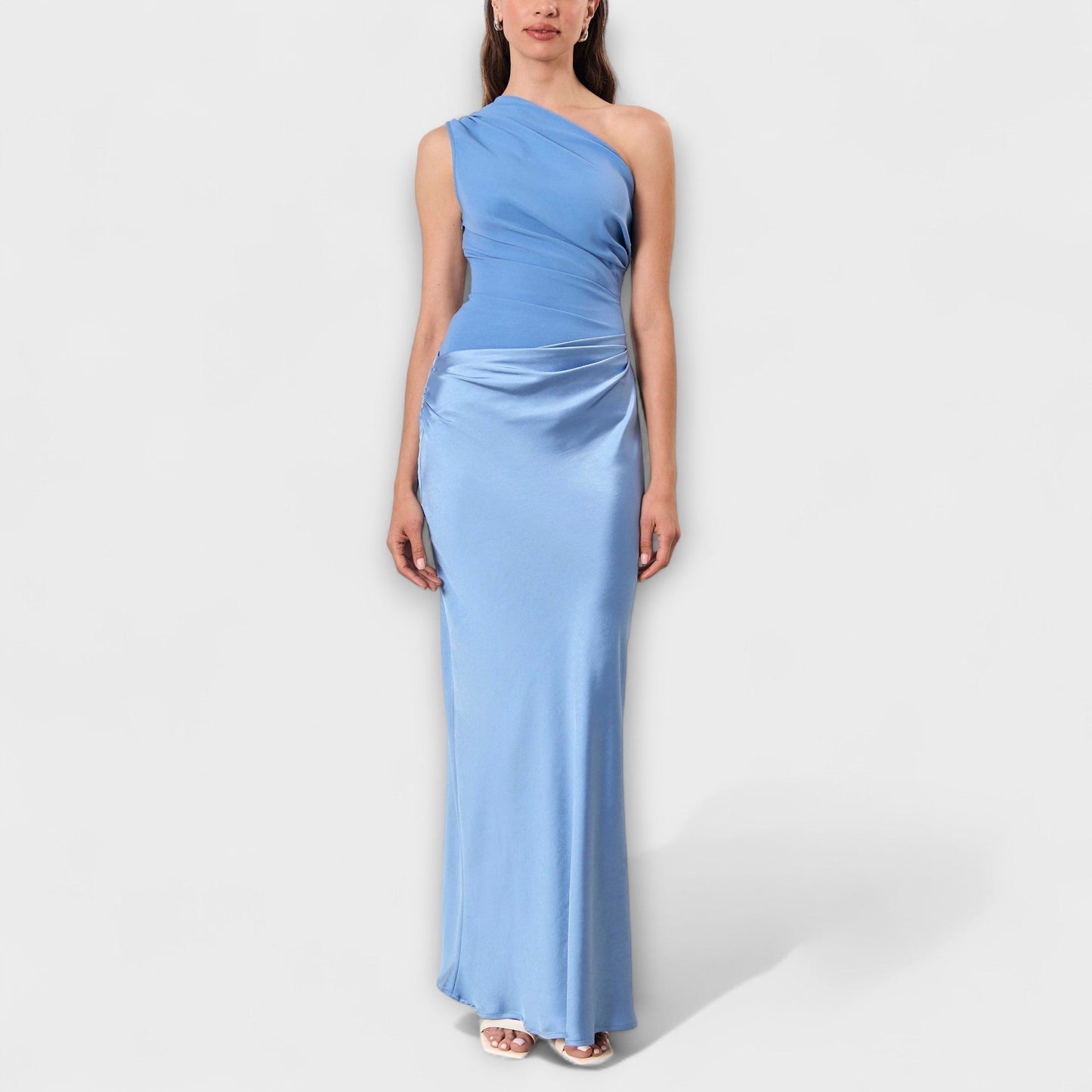 Elegantes Ein-Schulter Falten Maxi Kleid