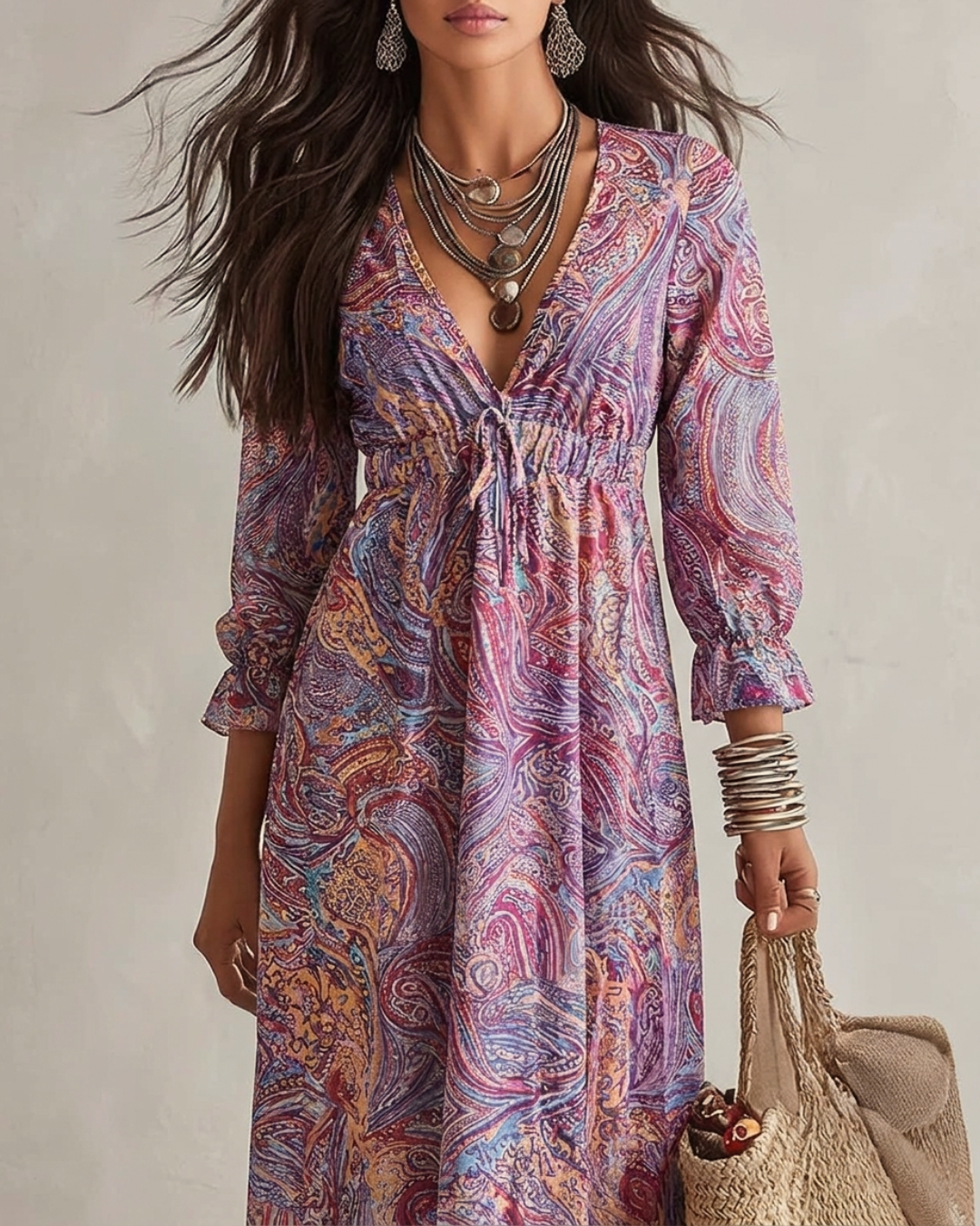 Paisley-Print V-Ausschnitt Gathered Chiffon Maxikleid