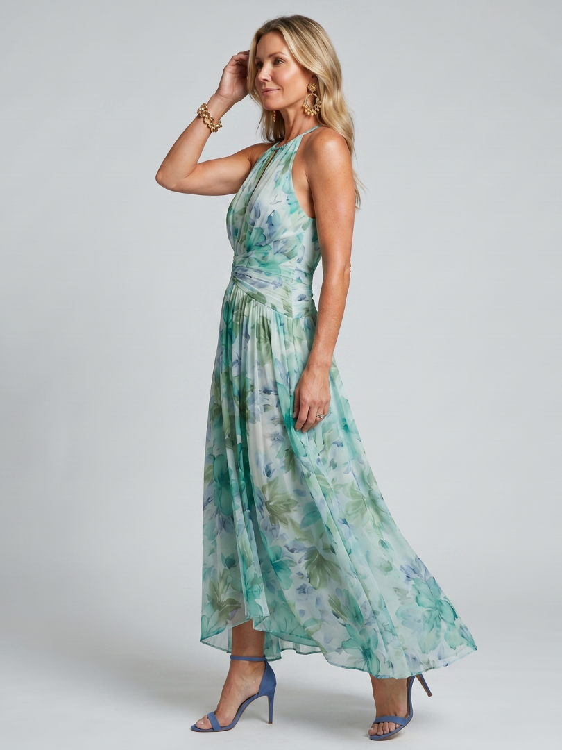 Portia | Faltendes Halter-Soft-Blumenmuster-Midikleid