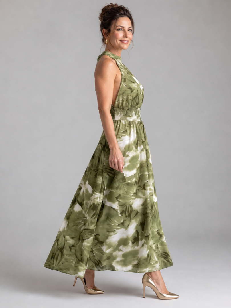 Olivia | Midi-Kleid mit geraffter Taille und abstraktem Druck