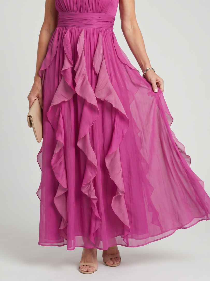 Orea | Maxikleid mit hohem Hals, gerafften Rüschenschichten