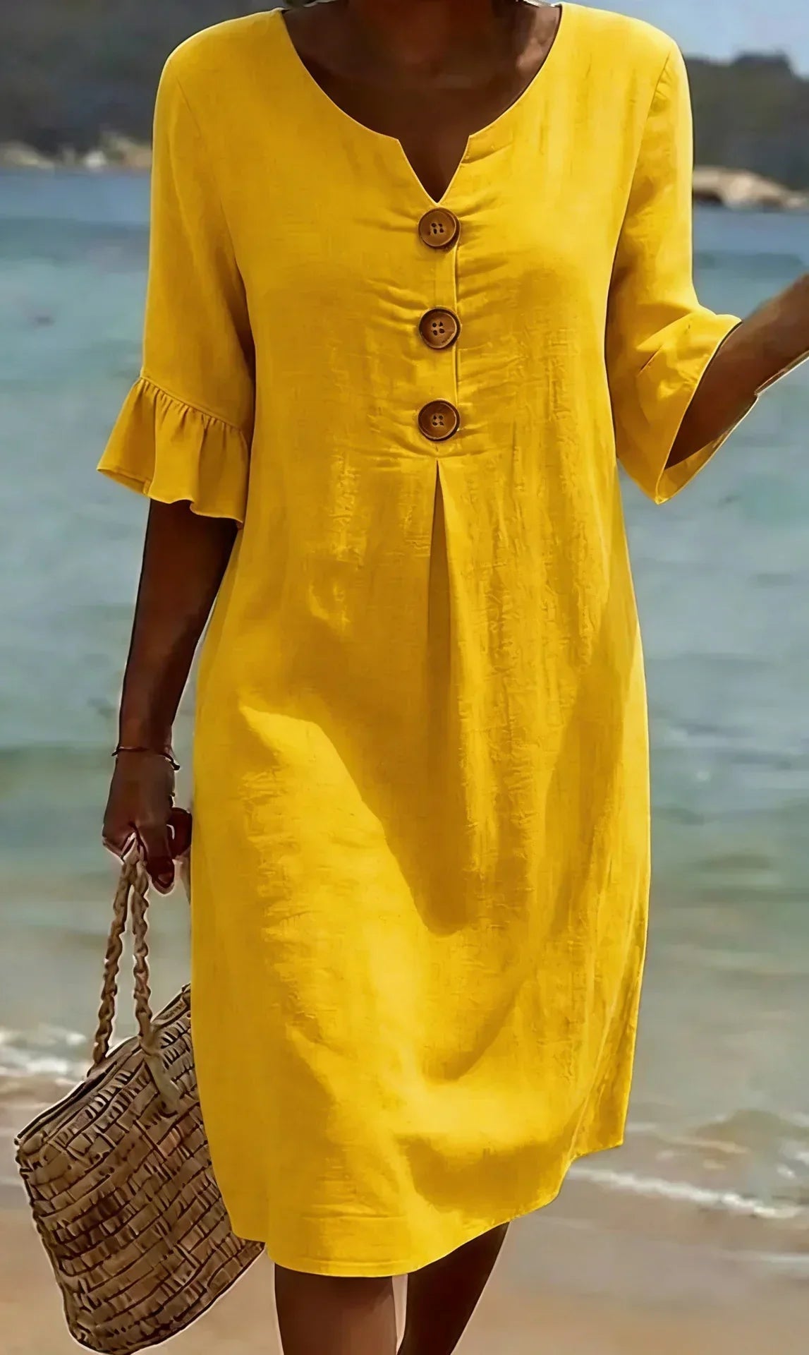 Vanesa™ | Texturiertes Kleid mit Puffärmeln und Knöpfen