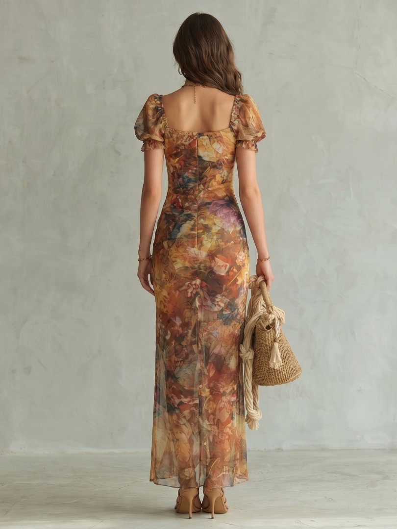 Ciel | Rüschensleeve Raffung Schlitz Midi Kleid