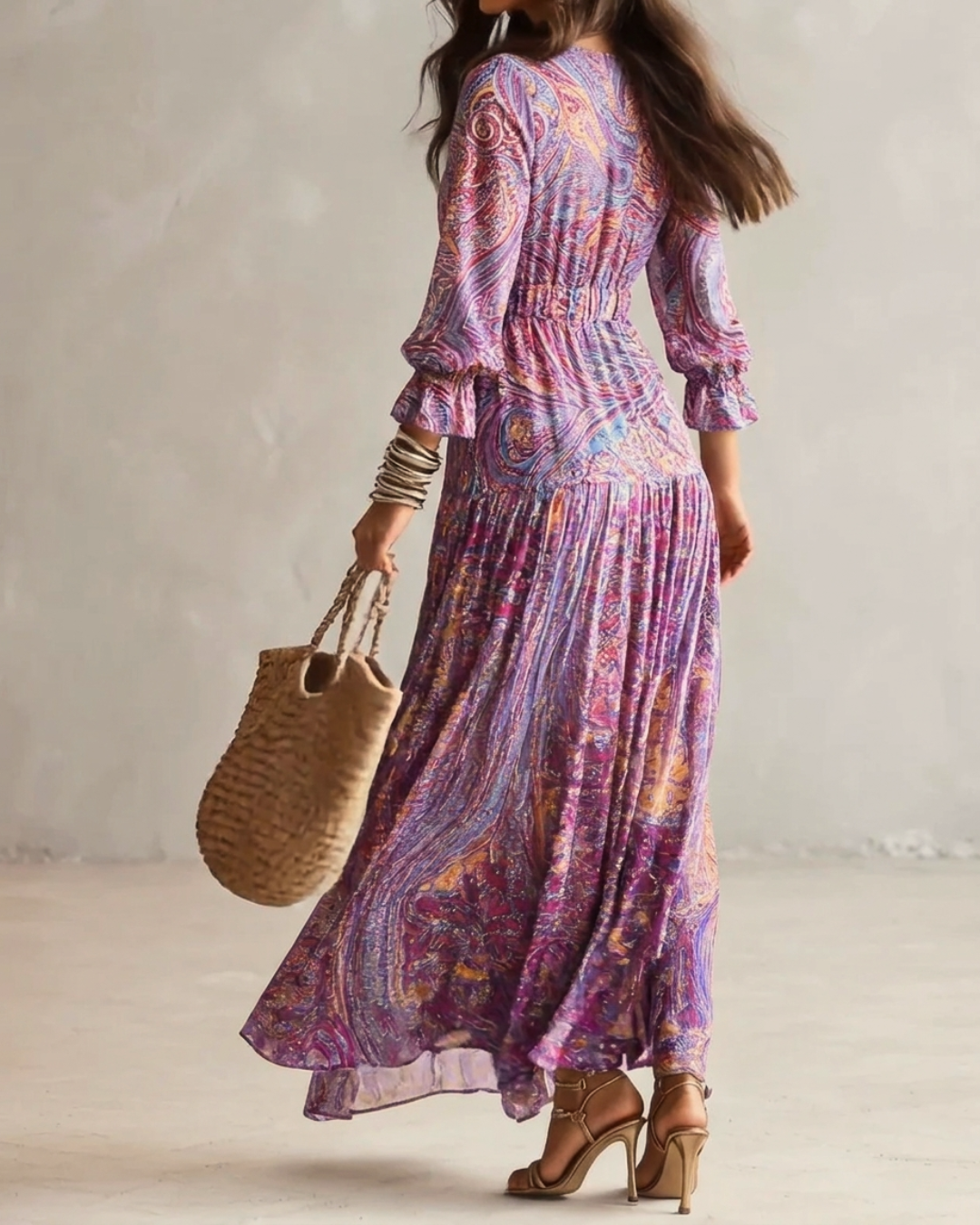 Paisley-Print V-Ausschnitt Gathered Chiffon Maxikleid