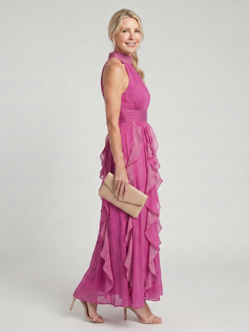 Orea | Maxikleid mit hohem Hals, gerafften Rüschenschichten
