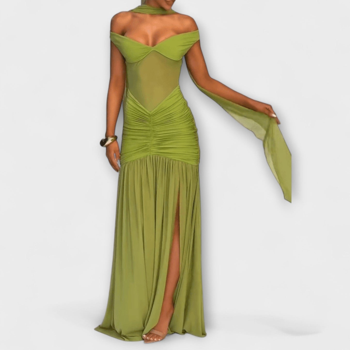 Nicole - Olivfarbenes V-Ausschnitt Maxikleid
