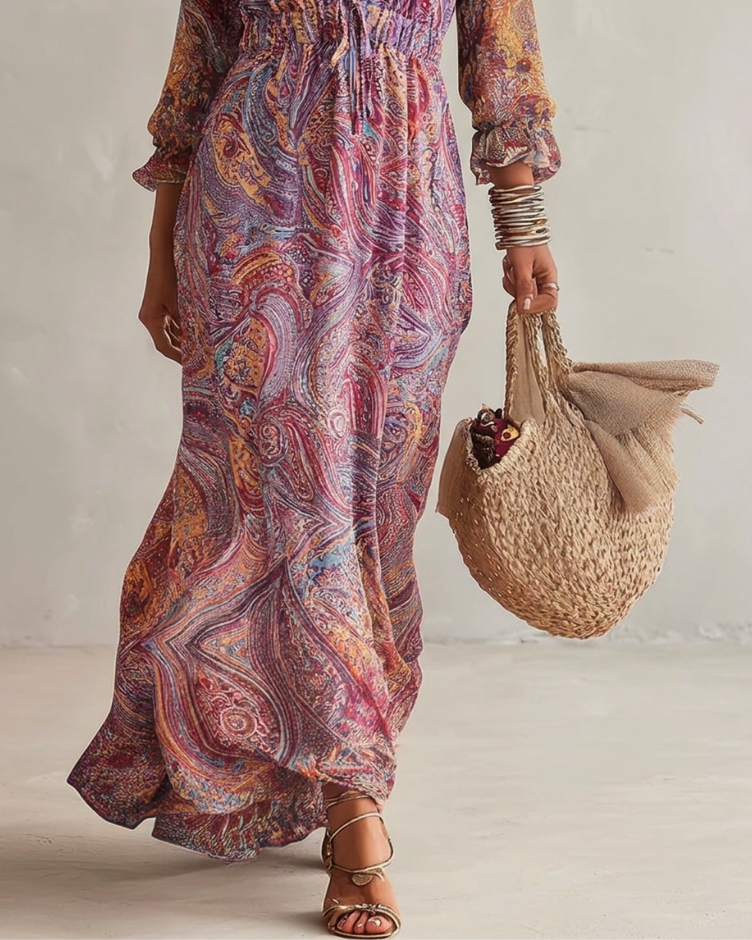 Paisley-Print V-Ausschnitt Gathered Chiffon Maxikleid
