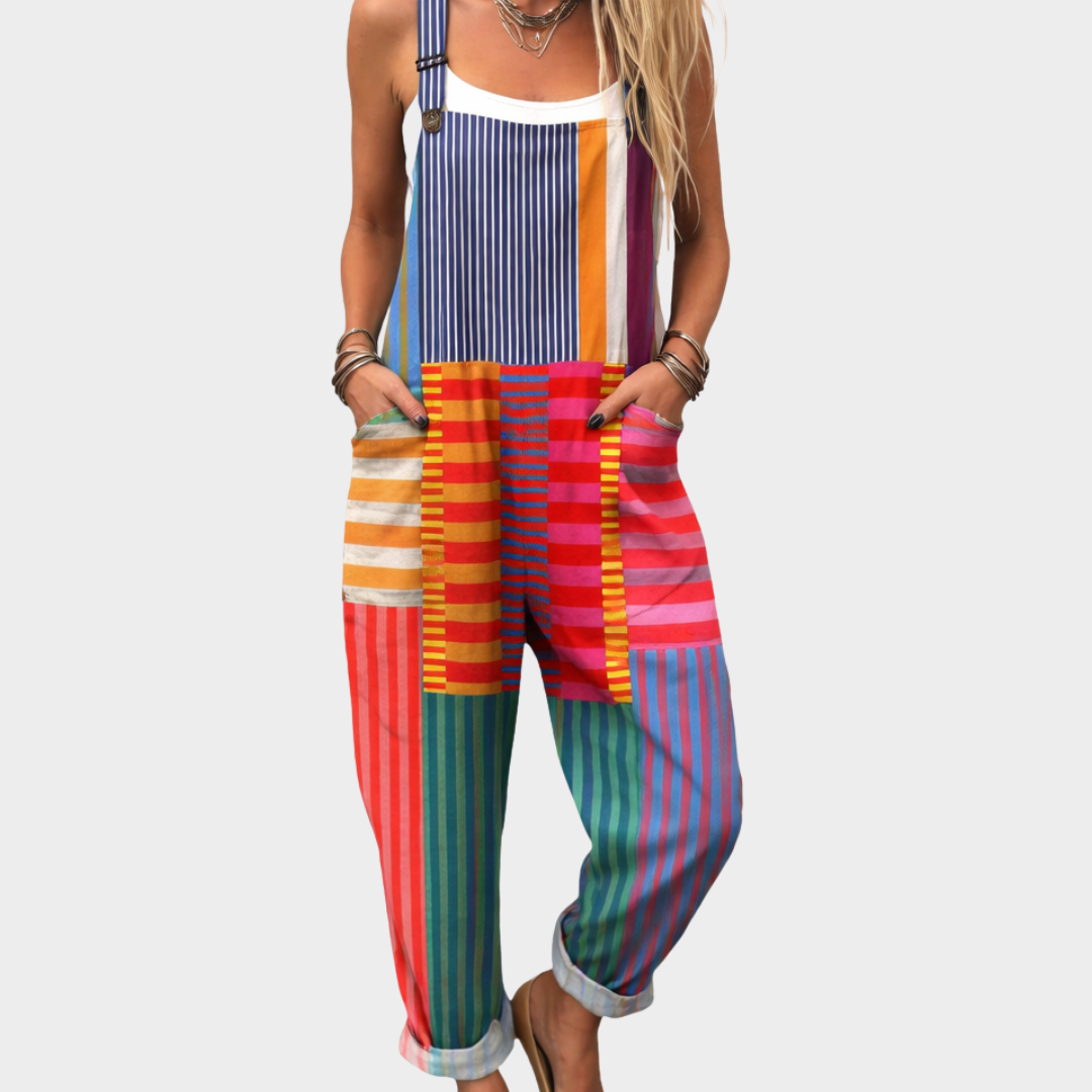 Romy™ | Latzhose mit buntem Streifen-Patchwork
