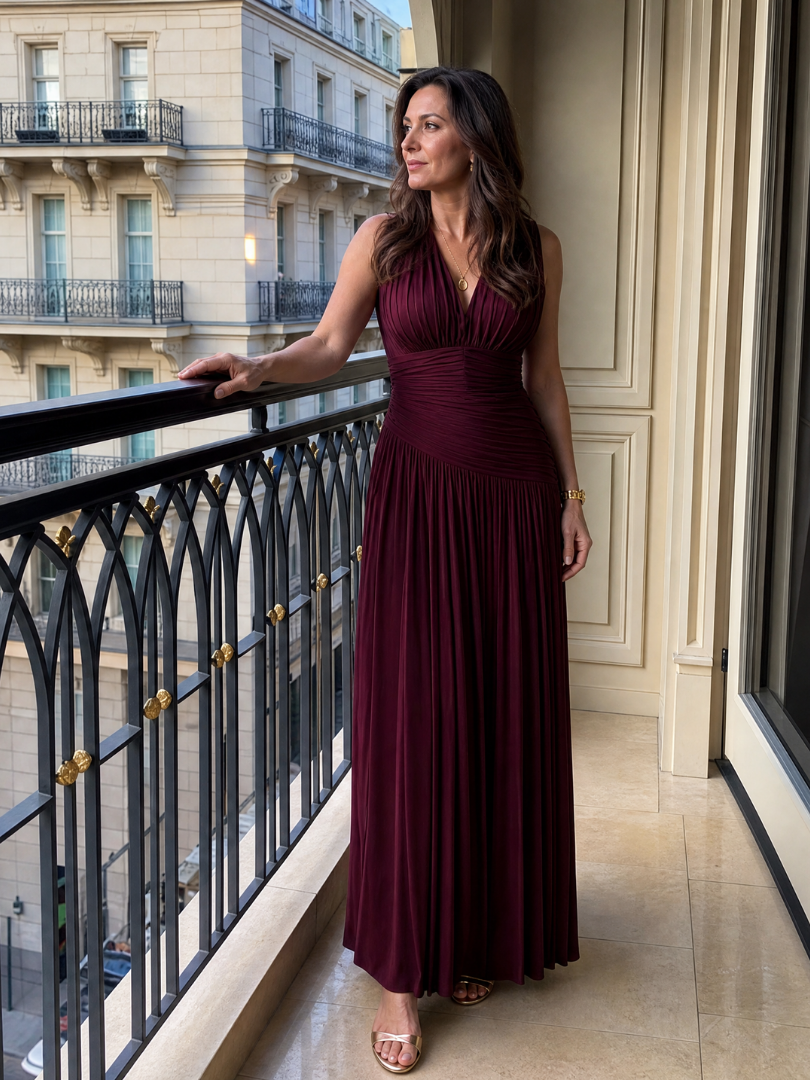 Lemar | Ärmelloses plissiertes V-Ausschnitt Midi-Kleid