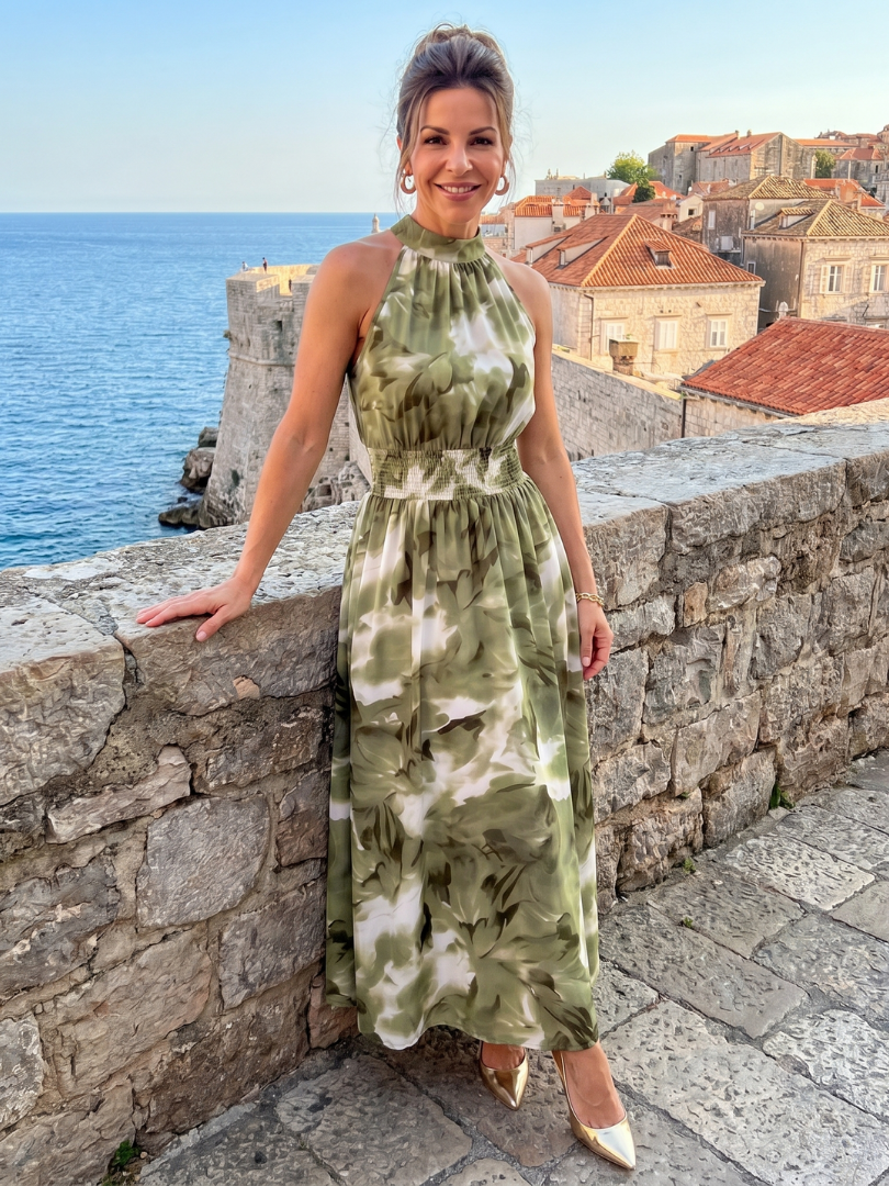 Olivia | Midi-Kleid mit geraffter Taille und abstraktem Druck