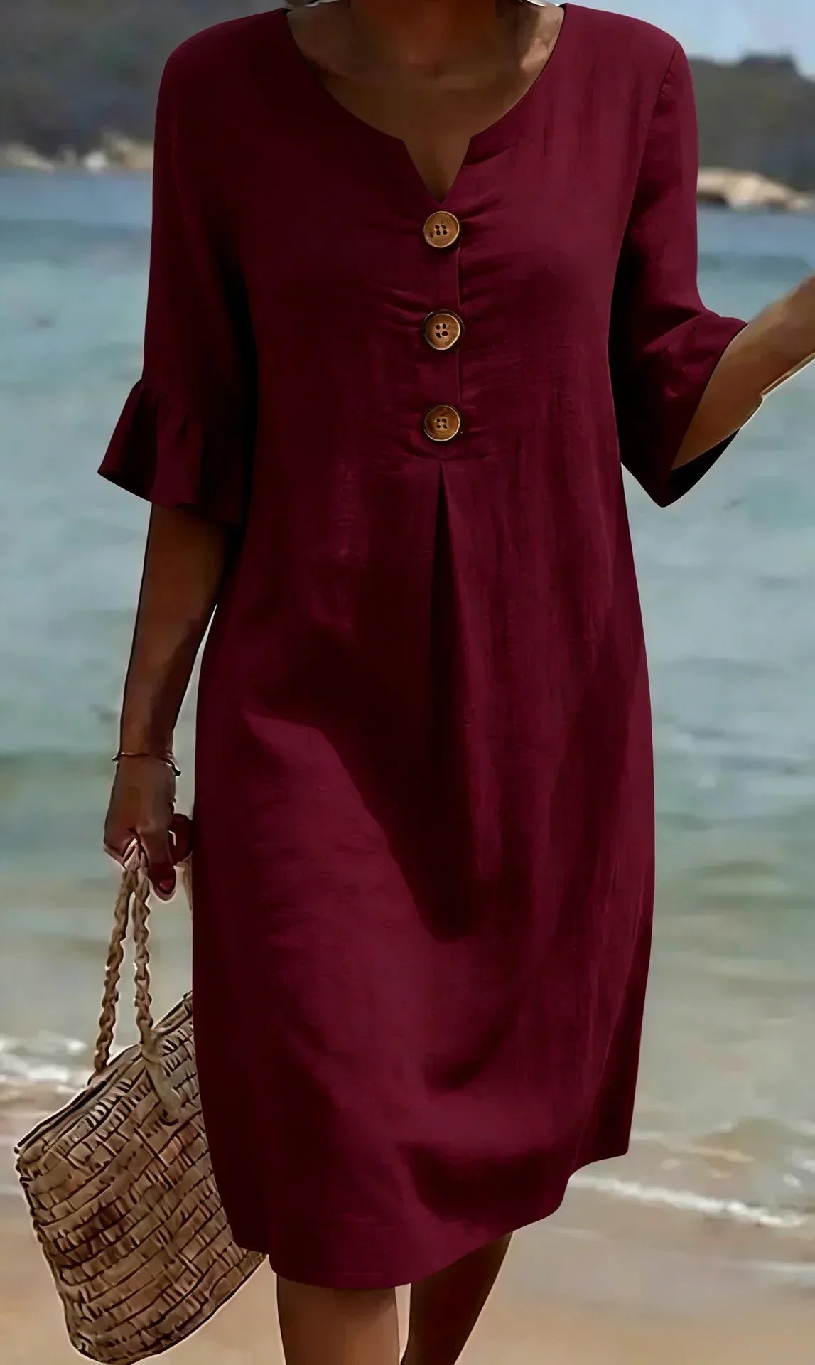 Vanesa™ | Texturiertes Kleid mit Puffärmeln und Knöpfen