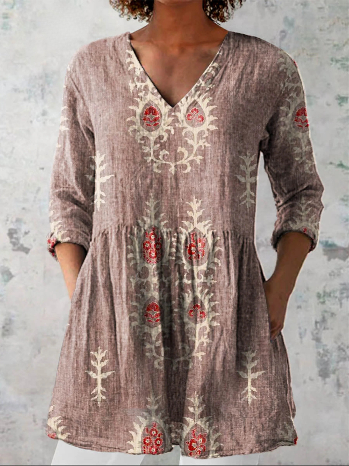 Élise | Lange Leinenbluse mit bohemian floralem Blockdruck