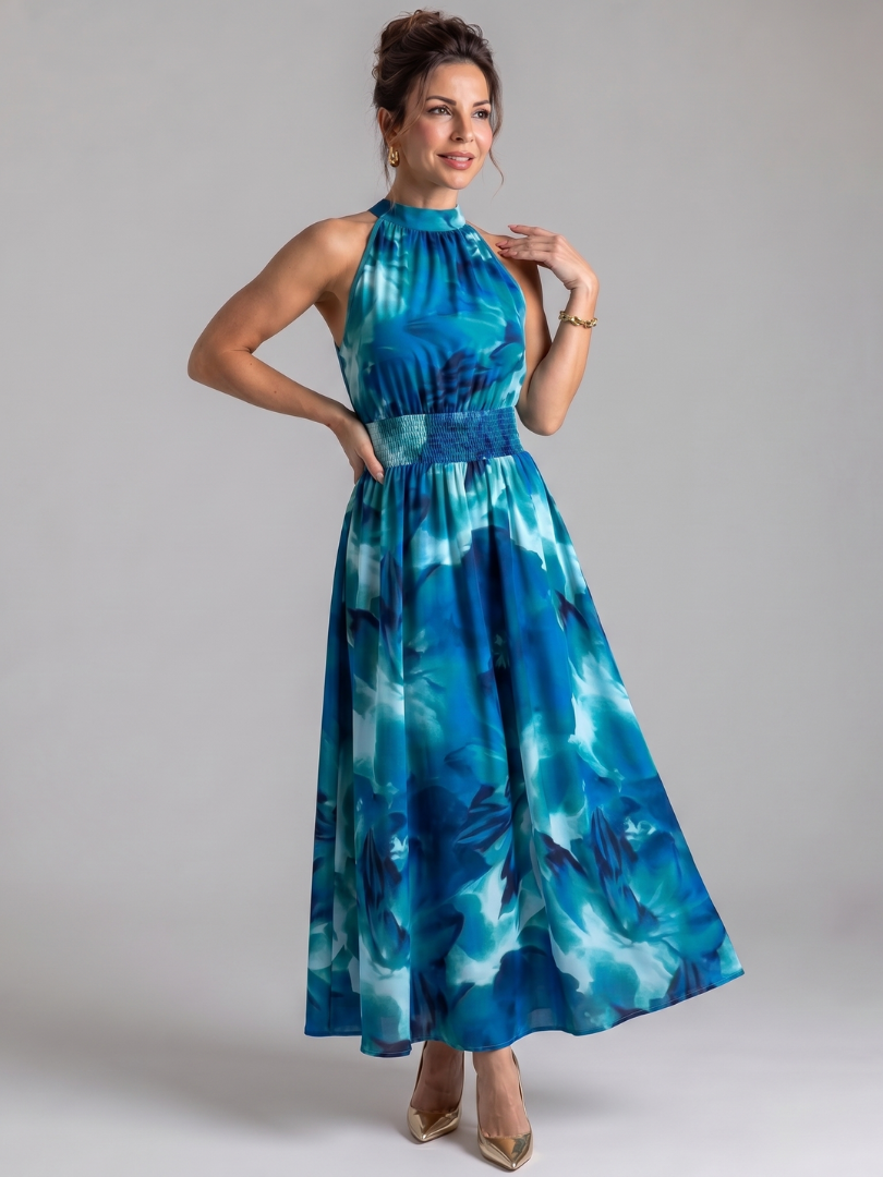 Olivia | Midi-Kleid mit geraffter Taille und abstraktem Druck