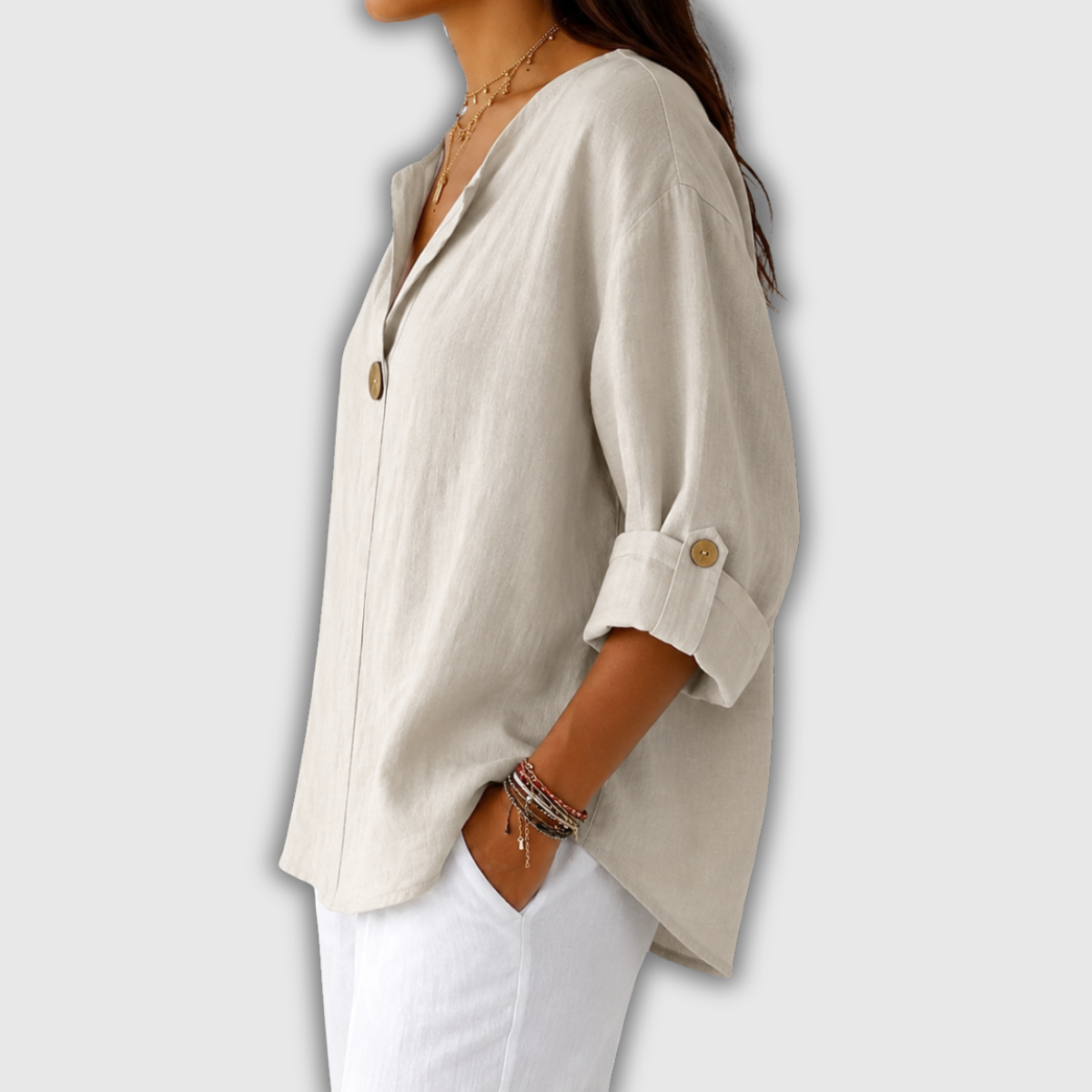 Regula™ | Leinenbluse mit V-Ausschnitt und Knopf