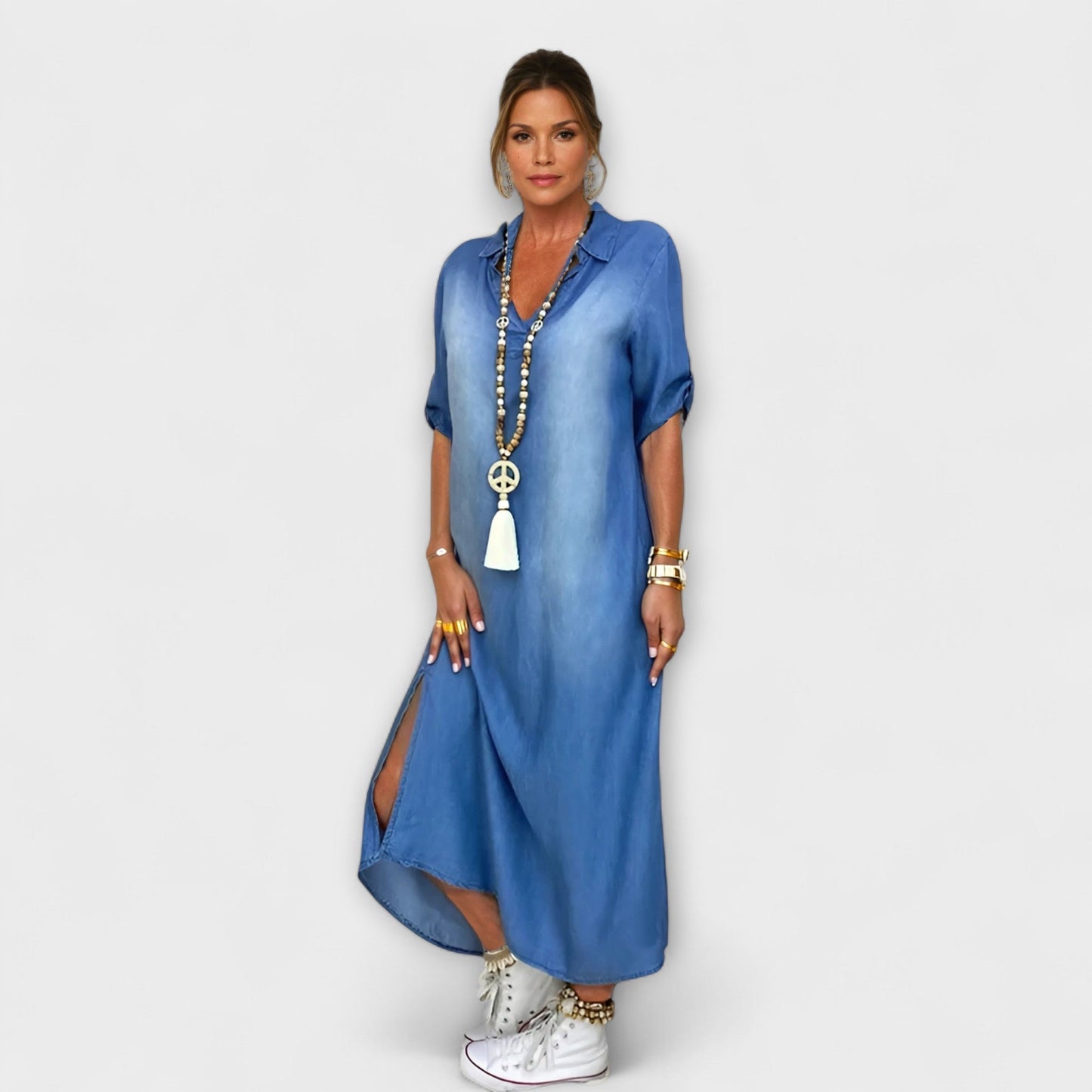 Lea - Langes Denim-Look Kleid mit Seitenschlitz
