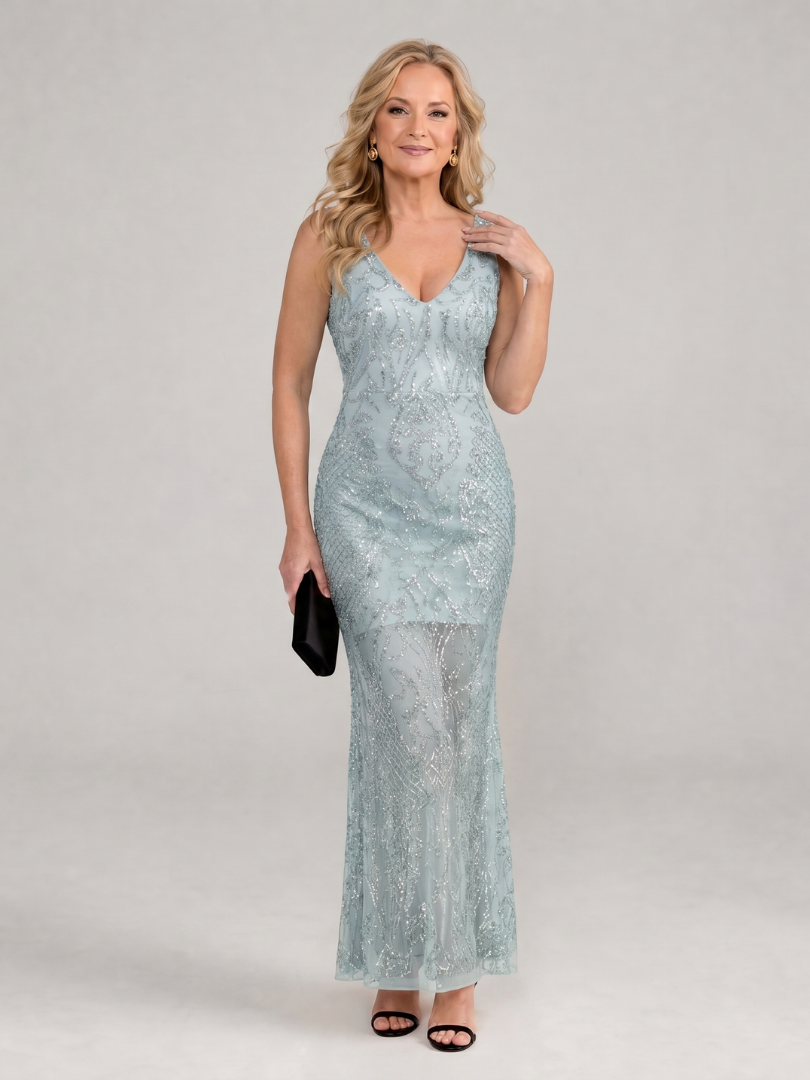 Sirea | Pailletten ärmelloses, transparentes Midi-Kleid
