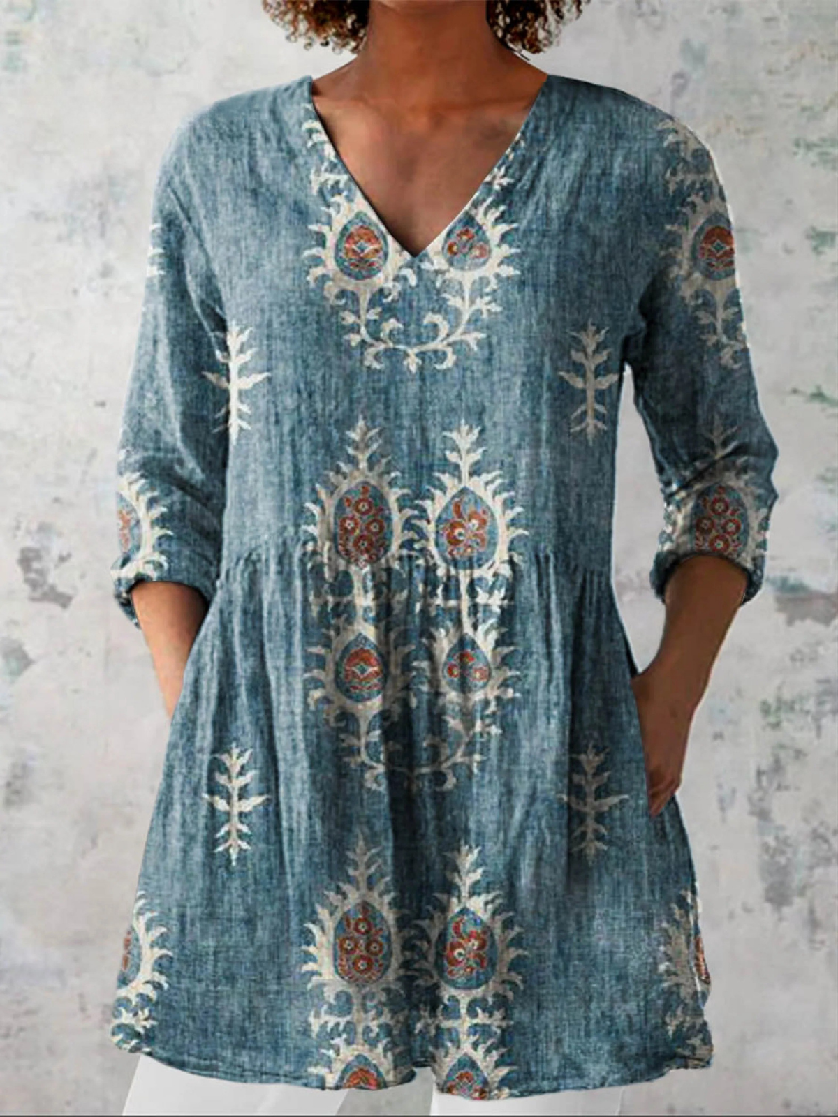 Élise | Lange Leinenbluse mit bohemian floralem Blockdruck