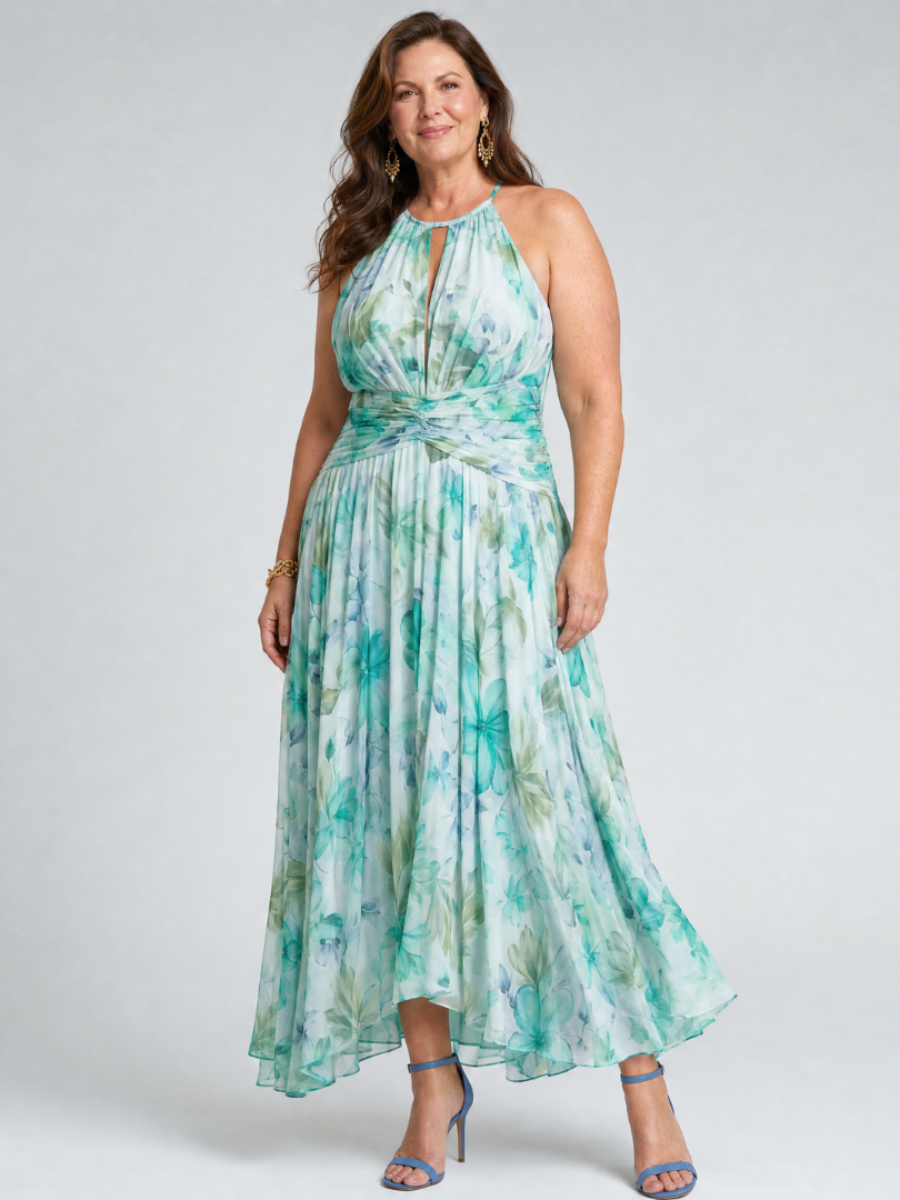 Portia | Faltendes Halter-Soft-Blumenmuster-Midikleid